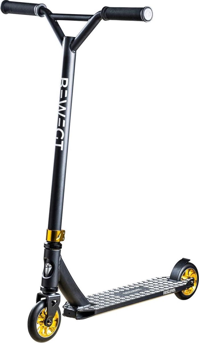 Bewegt Stuntscooter Next Level Matt Black / Gold, met ABEC 9 kogellagers, freestyle kickstep, voor kinderen en volwassenen