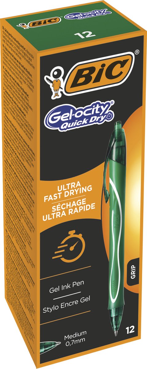 BIC Gel-ocity Quick Dry Sneldrogende Gelpennen met Kliksysteem Medium Punt (0.7 mm) - Groen- Doos van 12 Stuks