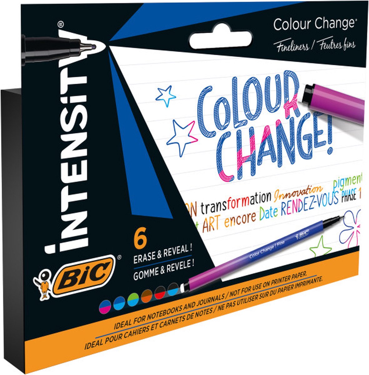 BIC Intensity Color Change - Verander van kleur met Fineliners met Gum (punt 0.4 mm) - 6 stuks