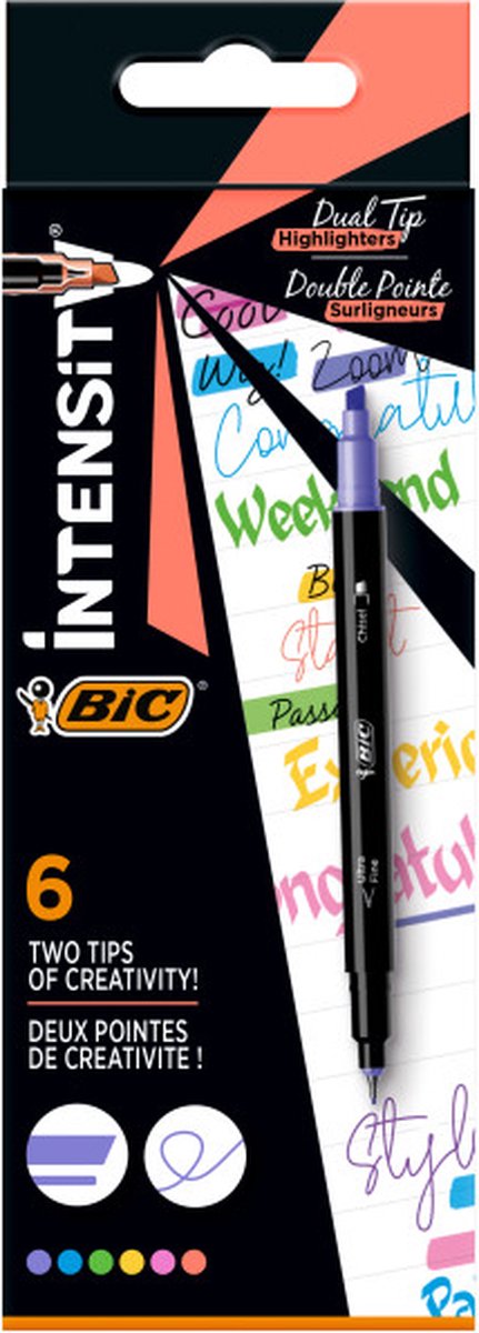 BIC Intensity Dual Tip Highlighter Viltstiften met Schuine en Dunne Punt - Verschillende Kleuren - Doos van 6 Stuks - Punt van 0.4 mm