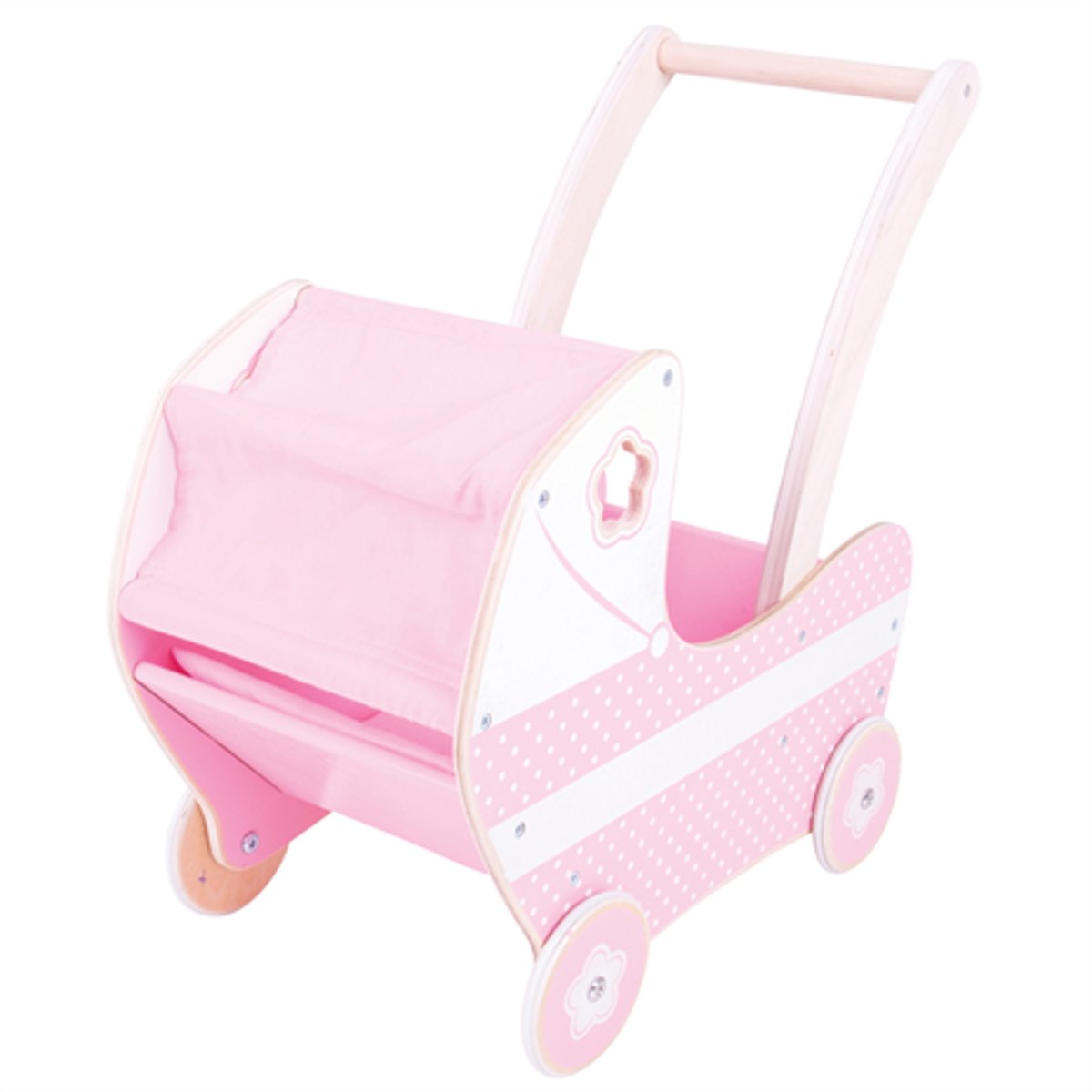 Bigjigs - Roze houten poppenwagen