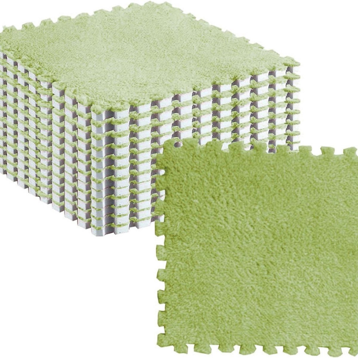 10 Stuks Pluche Puzzel Vloerschuim Tegels - Wollige Snijdbare Antislip Tapijttegels - In Elkaar Grijpende Lichtgroene Vloerbekleding