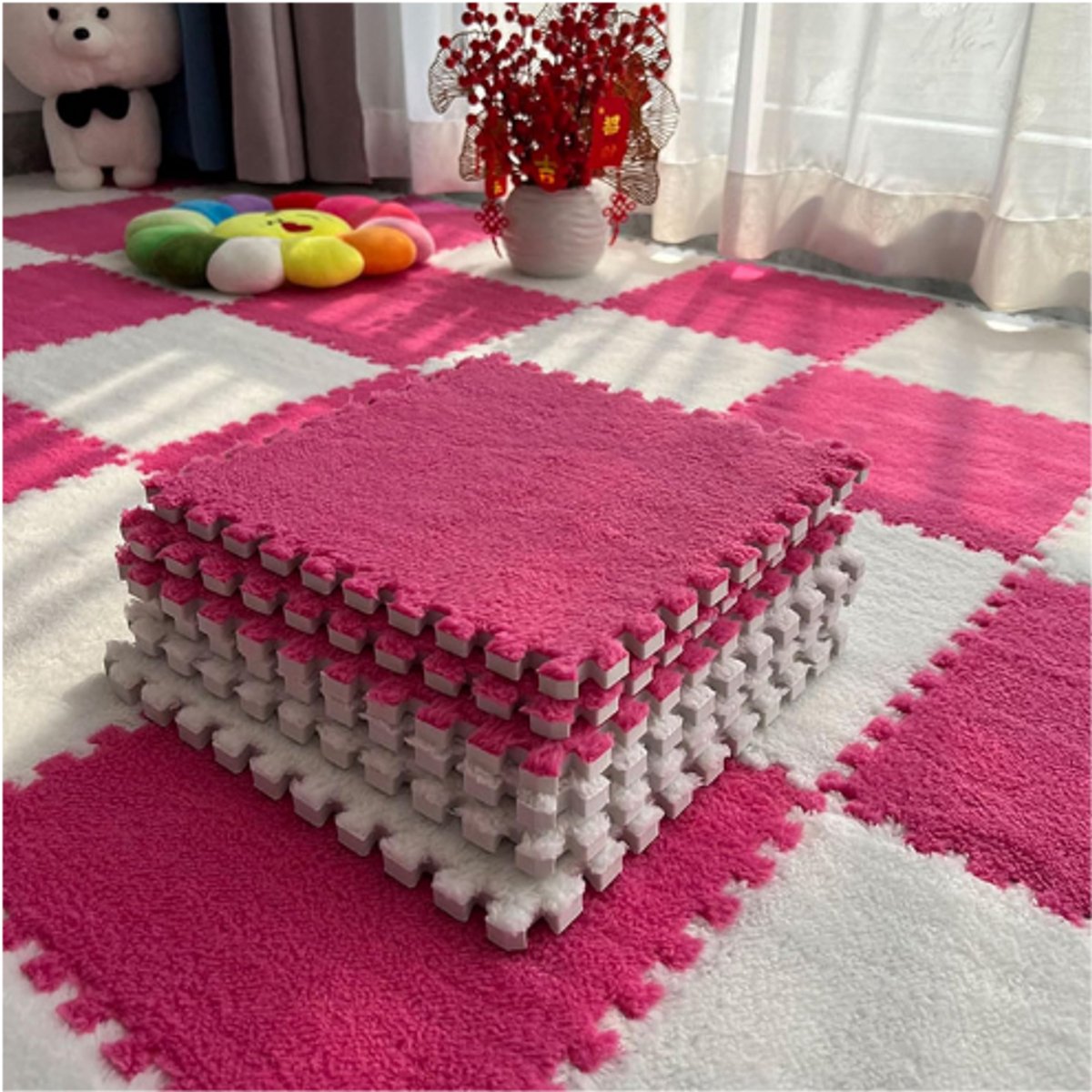12-delige Interlock Pluche Schuimvloer Tegels - 30x30x1,2 cm - Zachte  ten Voor Woonkamer Slaapkamer Speelruimte - Roze