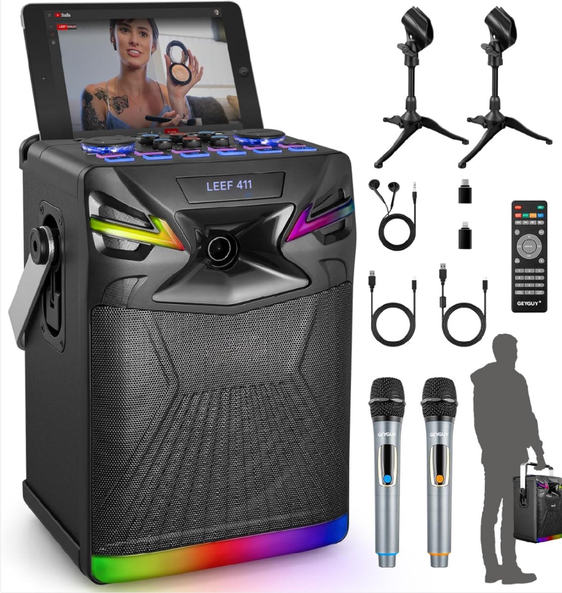 Bluetooth Karaoke machine met 2 Microfoons, 6,5 Inch Subwoofer Draagbare PA systeem USB Geluidseffecten DJ Lichten en FM Radio Voor Outdoor Party