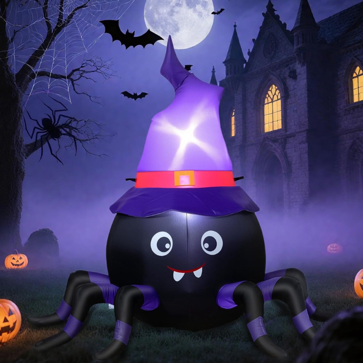 Halloween Opblaasbare Spin 150 Cm Met Heksenhoed - LED Tuindecoratie Voor Buiten - Opblaasbare Halloween Versiering Voor Erf Grasveld En Feest