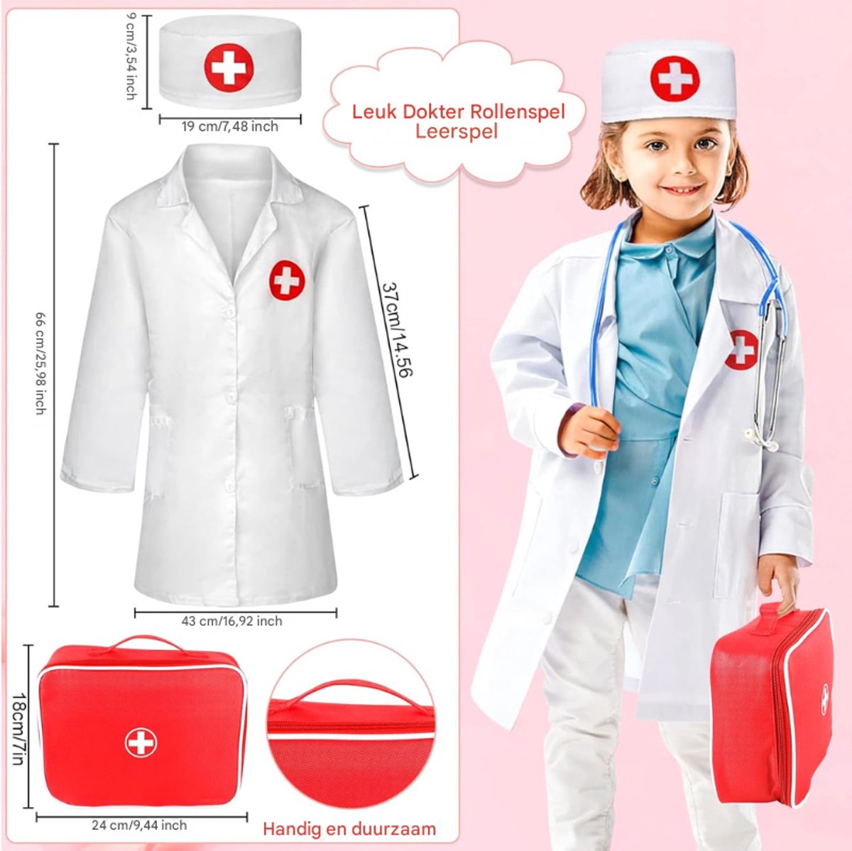 Houten Dokterspeelset Voor Kinderen Inclusief Stethoscoop Spuit Doktersjas en Accessoires Educatief Rollenspel Cadeau Voor 3-10 Jaar