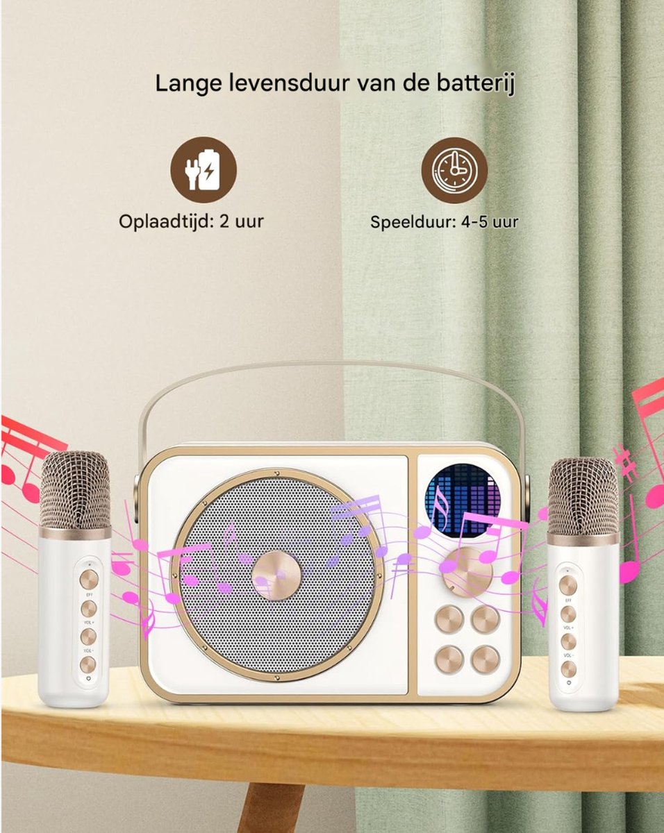 Karaoke Machine Voor Kinderen met 2 Draadloze Microfoons LED Licht 7 Geluidseffecten Perfect Cadeau Voor Kinderen