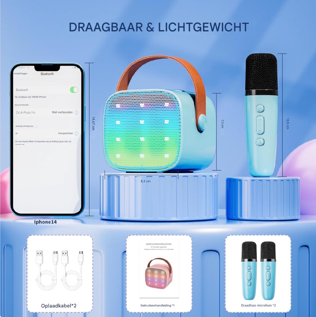 Karaoke-machine voor Kinderen met 2 Draadloze Microfoons, Draagbare Bluetooth Luidspreker met Stem Effecten en LED-verlichting Perfect Cadeau voor Jongens en Meisjes