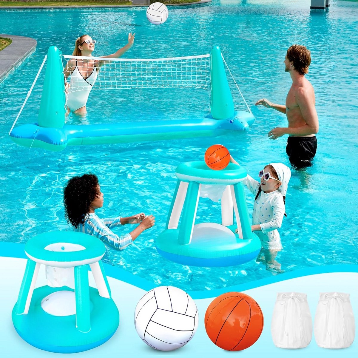 Opblaasbare Water Sportset – Zwembad Volleybal & Basketbal Speelset Met Net En Ballen – Zwembadspeelgoed Voor Kinderen En Volwassenen