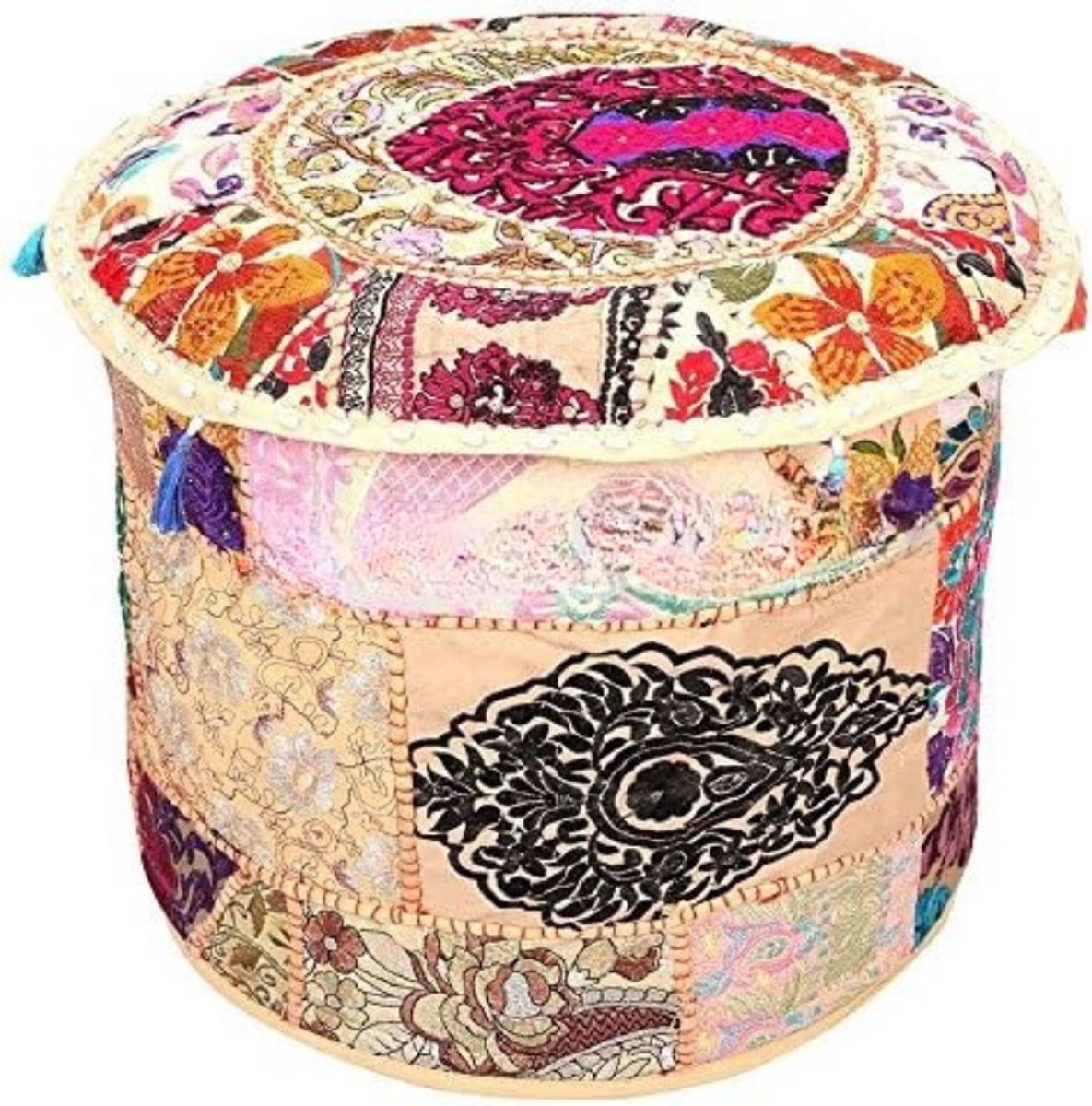 Ottomaanse Poefhoes - Grote Beige Patchwork Poef Cover 55cm - Indiase Geborduurde Voetenbankhoes - Traditionele Ronde Katoenen Poefhoes