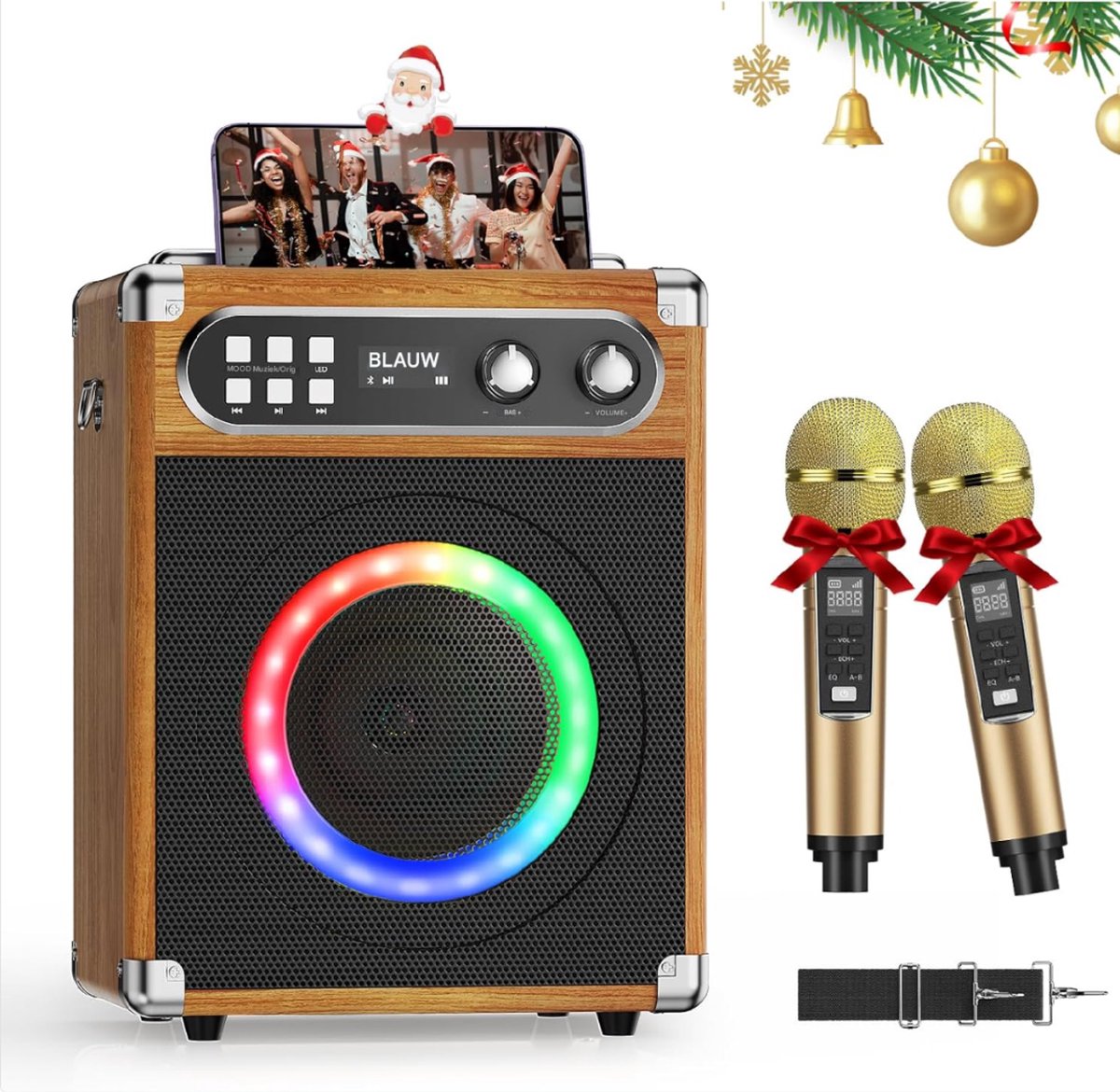 Professionele Draagbare Karaoke Machine met 2 Draadloze UHF Microfoons PA Systeem en DJ Lamp Ideaal Voor Karaoke Feesten en Bruiloften