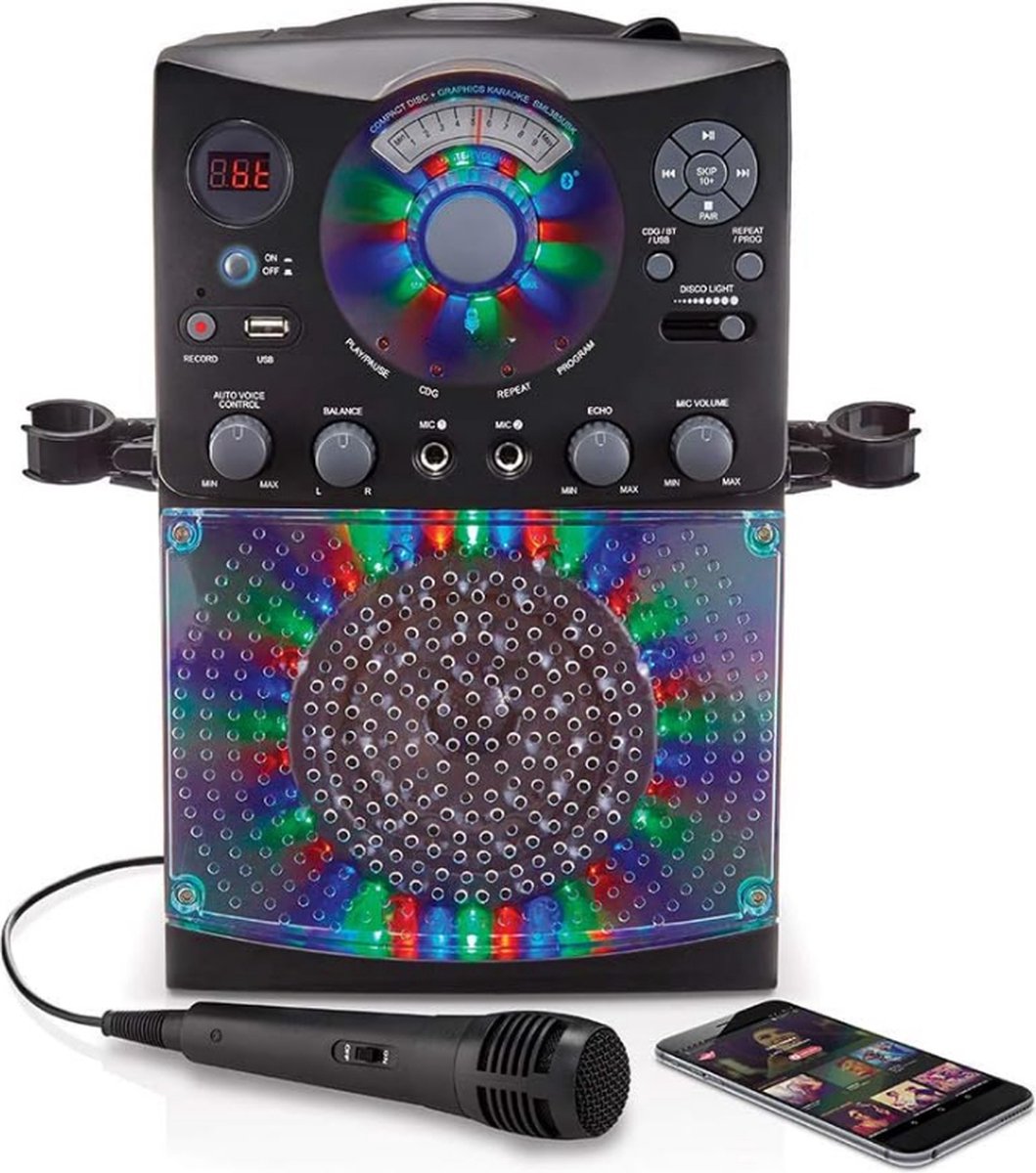 SML385U Karaoke Systeem Met Bluetooth Verbinding Zwart Voor Europa Led Lichteffecten Microfoon USB RCA Outputs Echo en Balanscontrole en AUX Ingang