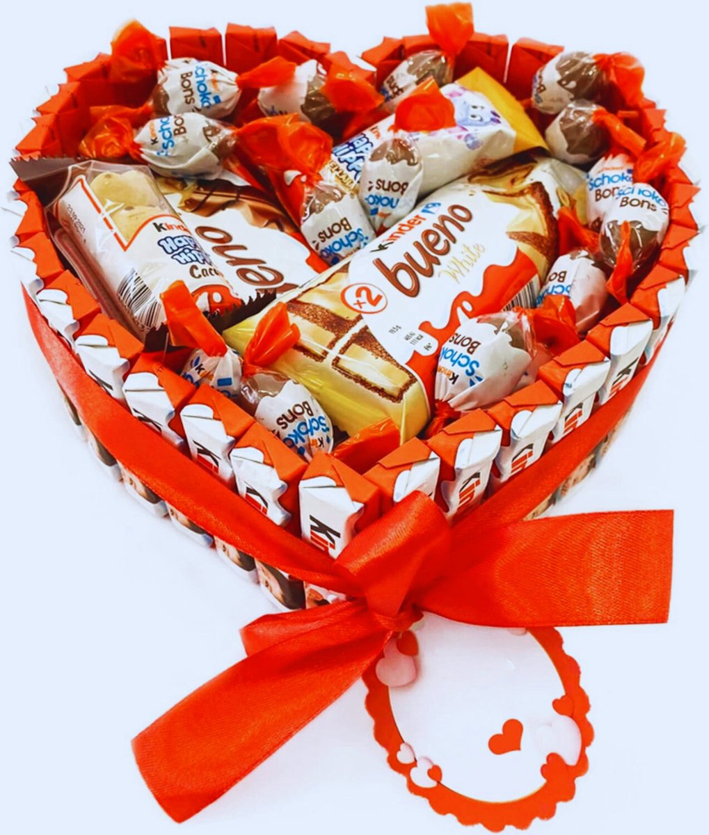 Valentijns Chocoladehart Geschenkmandje Met Kinder Bueno - Schoko-Bons - Happy Hippo & Kinder Cards
