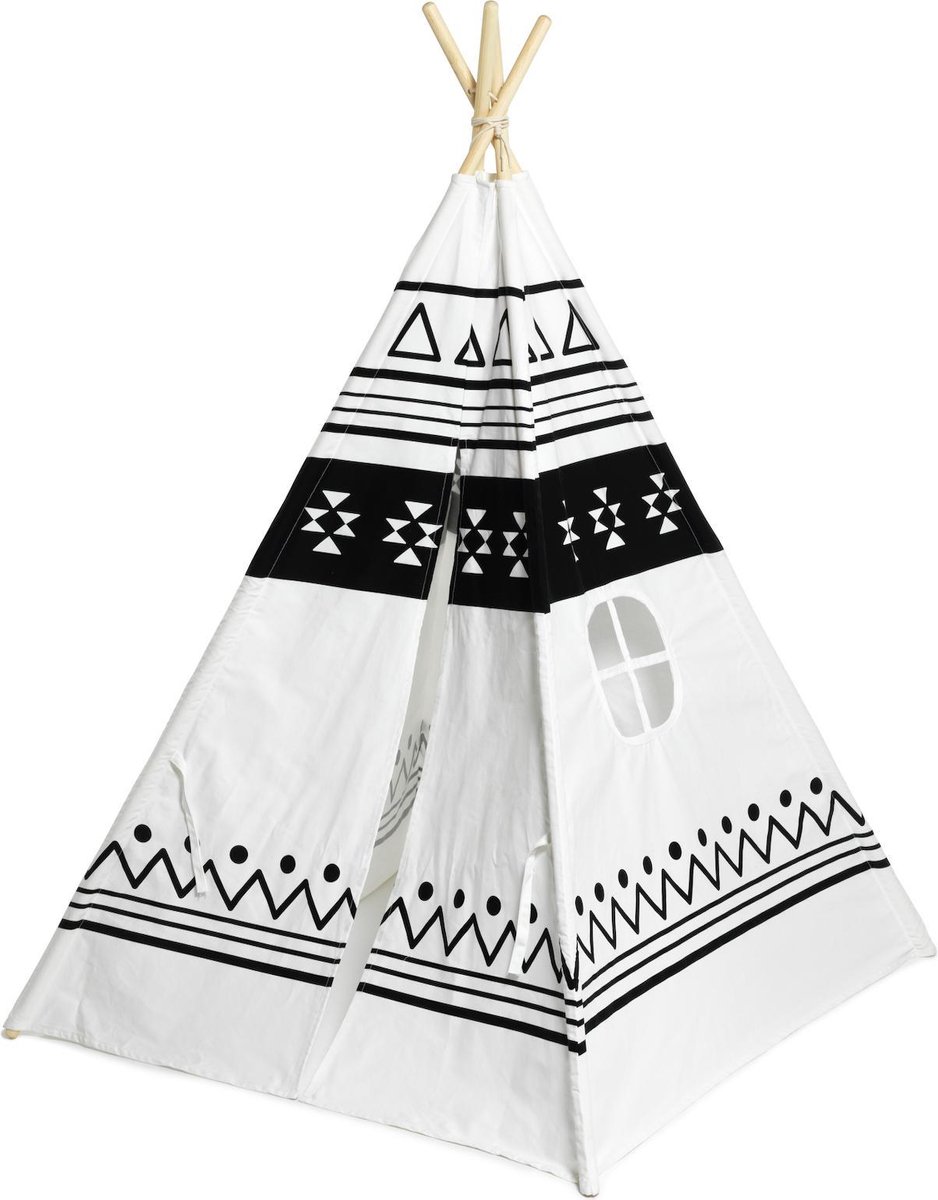 Katoenen tipi tent wit/ecru - speels zwart design - handige opberghoes