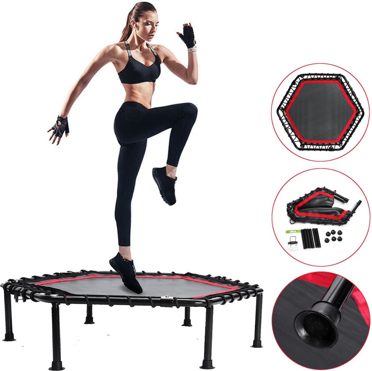 Opvouwbaar Fitness Trampolines-Ø100cm-Zwart Rood-tot 250KG