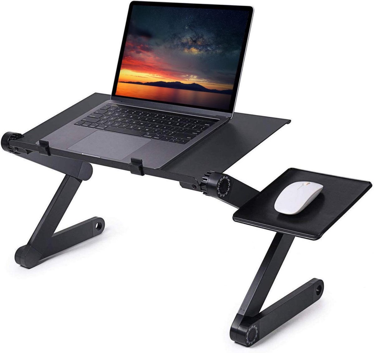 Laptop Standaard – Laptop Tafel - Opvouwbaar – Laptophouder – Laptop Stand – Verstelbaar – Ergonomisch – Laptop Verhoger – Laptopstandaard – Inclusief Luchtventilatie – Inclusief Mouse Pad – Zwart – Aluminium