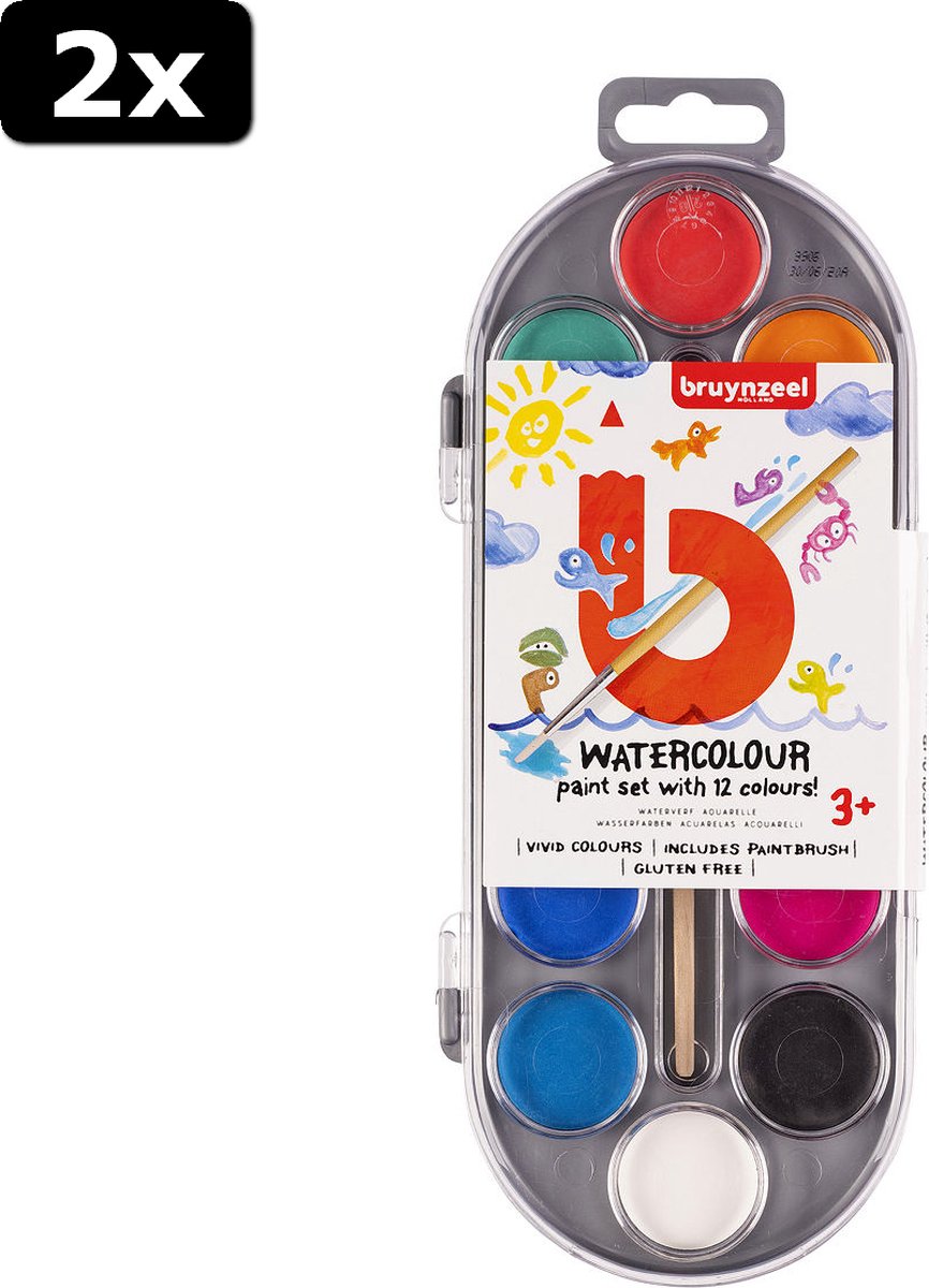 2x Bruynzeel Kids Waterverf Set van 12 Kleuren met Penseel