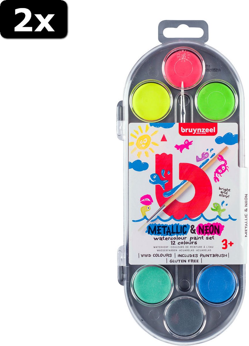 2x Bruynzeel Kids Waterverf Set van 12 Metallic  AND  Neon Kleuren