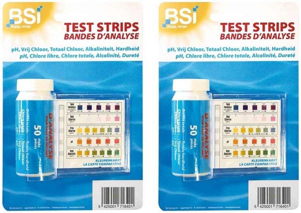 BSI - Teststrips zwembad - 2 x 50 stuks - pH, Chloor, hardheid en alkaliniteit - Watertester - Zwembadonderhoud