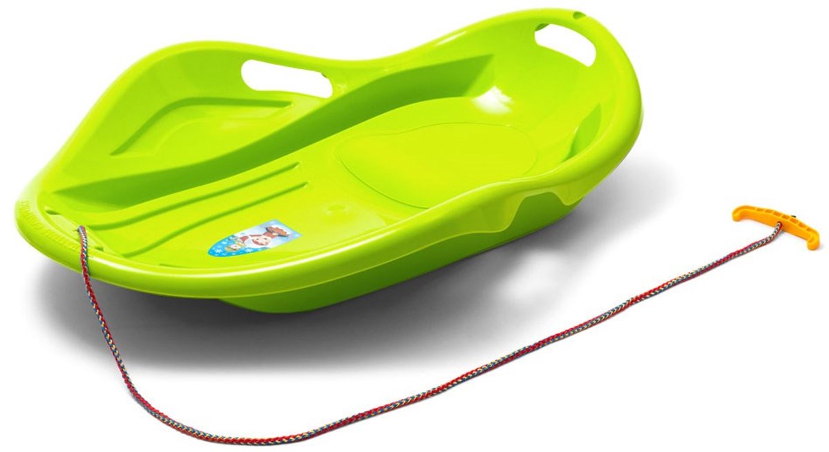   -   - Felgroen - Glanzend ontwerp - Handvatten en trekkoord - Comfortabel zitgedeelte - Sneeuwplezier - Sledding - Kunststof slee - Winteraccessoires - Kinderslee