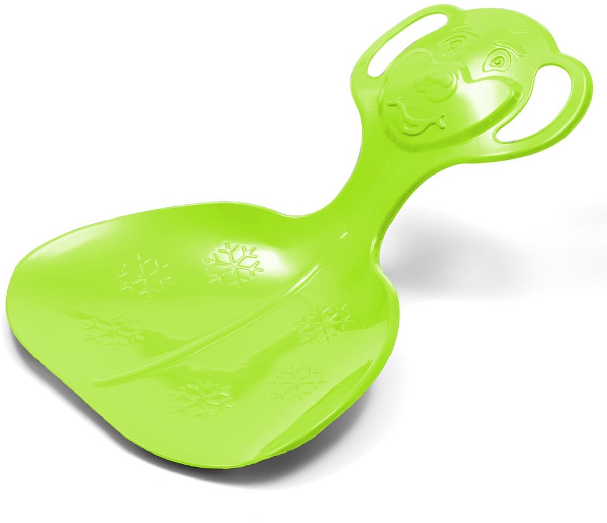   -   - Felgroene kunststof kontslee - Schotelvorm met handvatten - Ergonomische zitting met sneeuwvlokjes - Sneeuwslee - Plastic slee - Wintersportaccessoire - Kinderslee