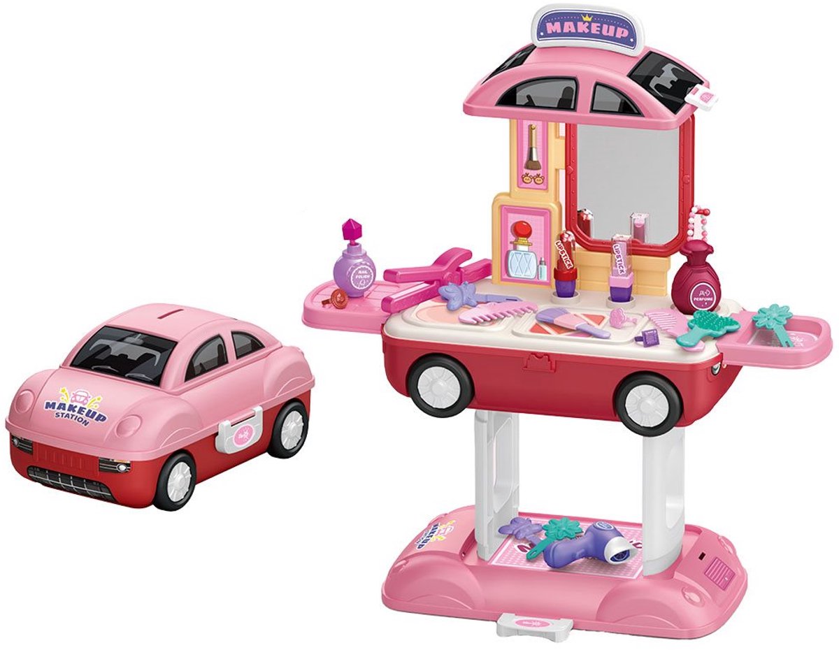   - Speelgoedset - Make-up station - Speelgoedauto - Creatieve accessoires - Meisjes schoonheidssalon - 2-in-1 - Verplaatsbaar - Cosmetica-items - Roze en paars