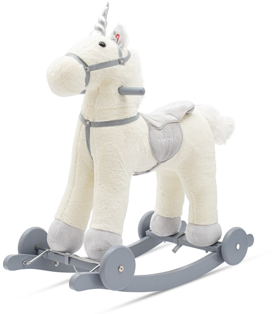   - Unicorn - Schommelpaard - Pluchen Eenhoorn - Grijze Hoorn - Houten Basis - Met Melodie en Wielen - Schommelspeelgoed - Baby Speelgoed - Zacht Kleding - Kinder Speelgoed