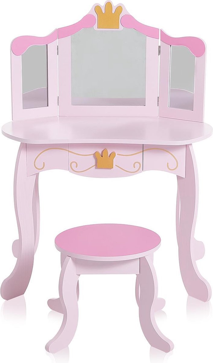 Kinder kaptafel, make-up tafeltje, met krukje, hocker, spiegel, lade, roze