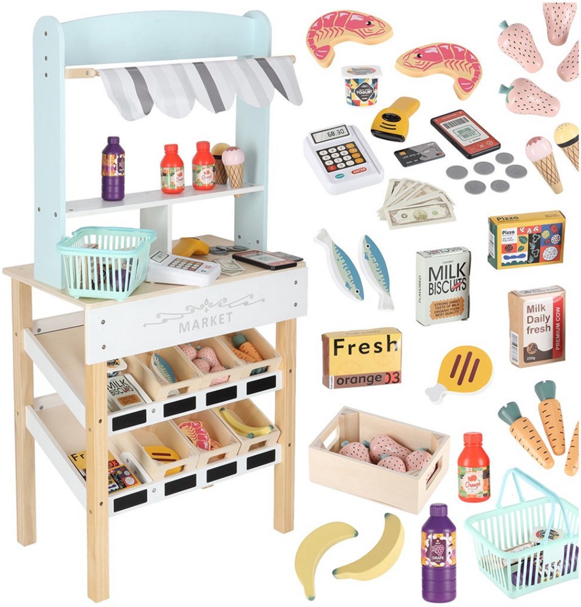 Houten Marktkraam - Inclusief Accessoires - Verkoopkraam -   - Rollenspel Speelgoed - Marktkraam Speelset - Speelgoed Kassa