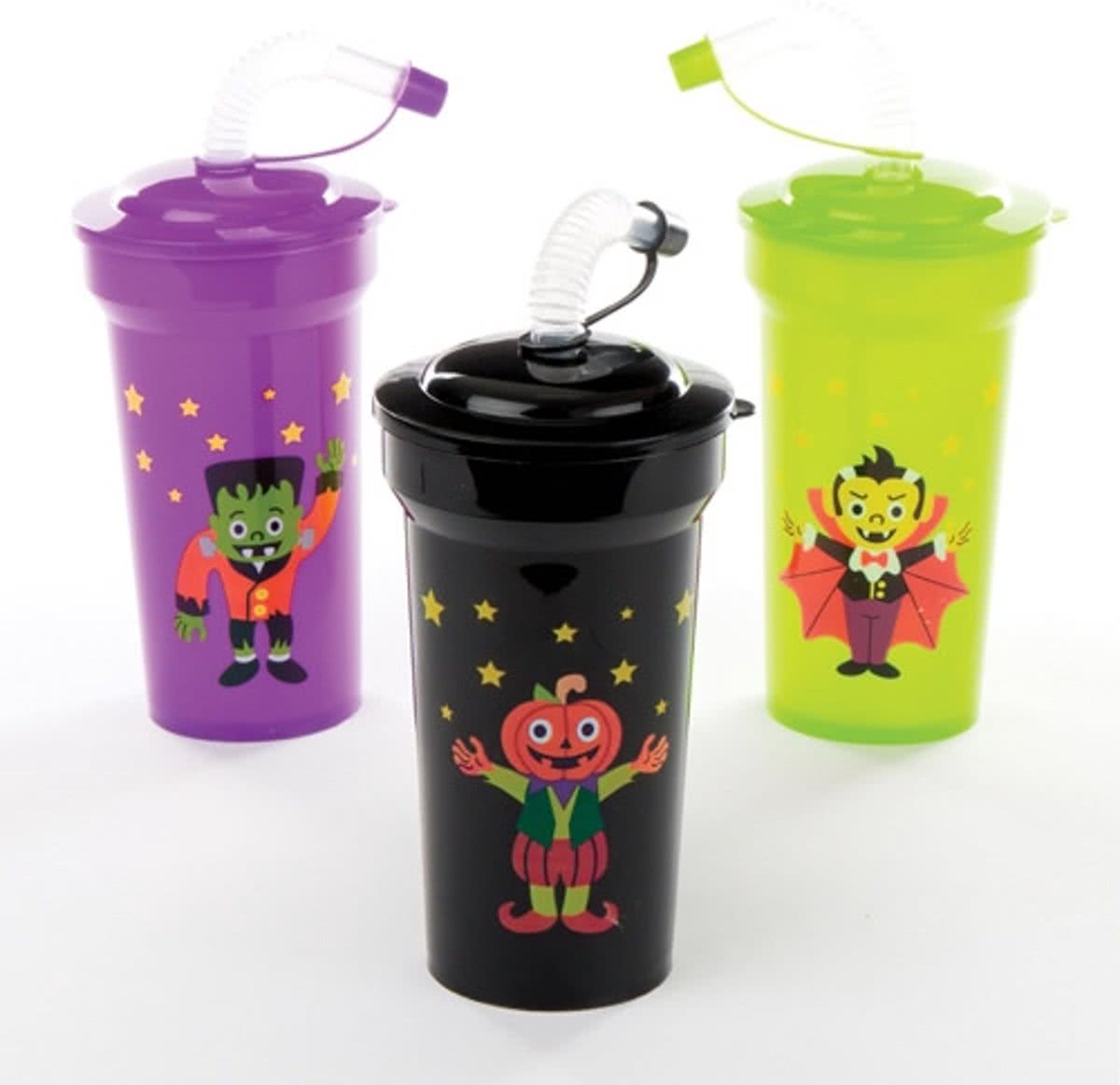 Buigbare bekers met rietje met halloweendecoratie voor kinderen. Leuke halloweencadeautjes voor zakgeldprijzen - Perfect voor in feesttasjes voor kinderen (4 stuks per verpakking)