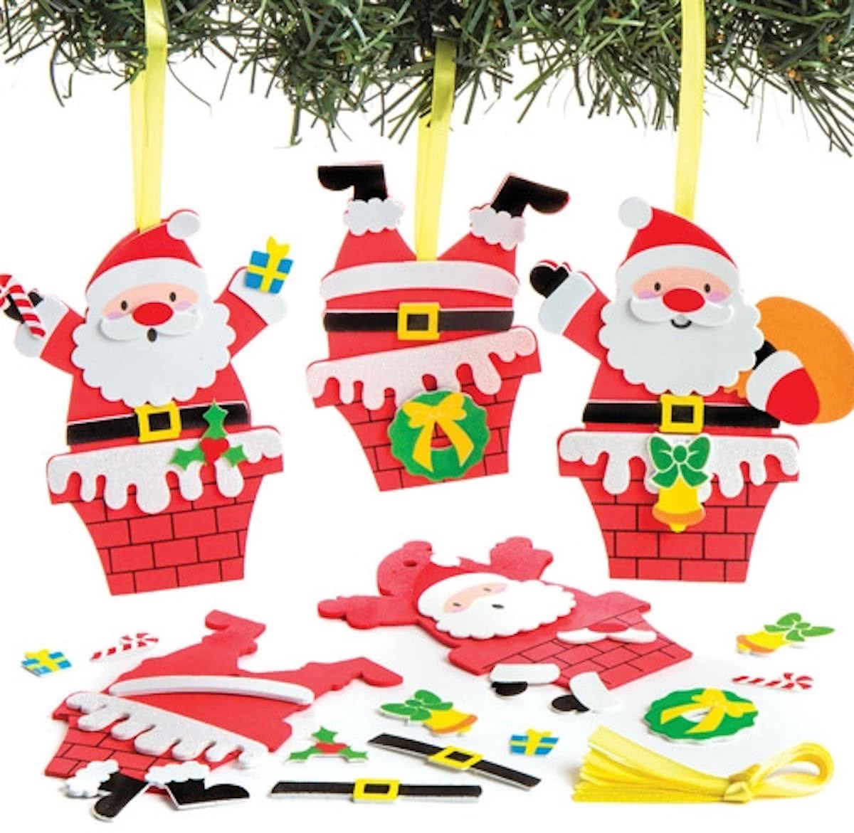 Decoratiesets met Kerstman in de schoorsteen. Leuke knutsel- en decoratiesets voor kerst voor jongens en meisjes (verpakking van 6)