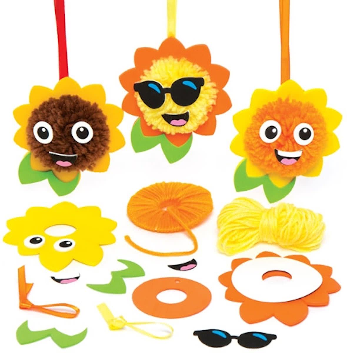 Decoratiesets met zonnebloem met pompon die kinderen kunnen maken, versieren en ophangen – creatieve knutselset voor kinderen (verpakking van 3)