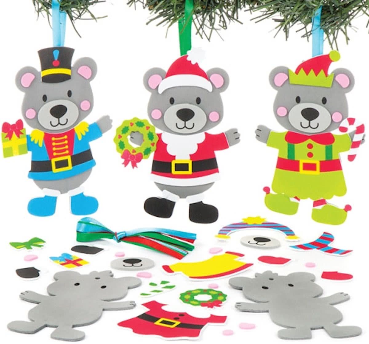 Mix & match decoratiesets met teddyberen. Leuke knutsel- en decoratiesets voor kerst voor jongens en meisjes (6 stuks per verpakking)