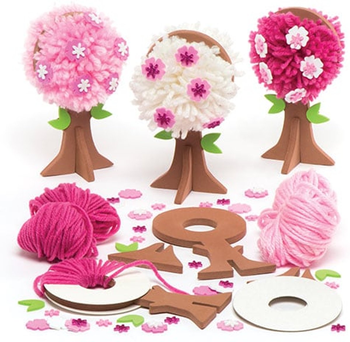 Sets met bomen met pompons en lentebloesems voor kinderen   Leuke knutsel- en decoratiesets voor in de lente voor jongens en meisjes (3 stuks per verpakking)