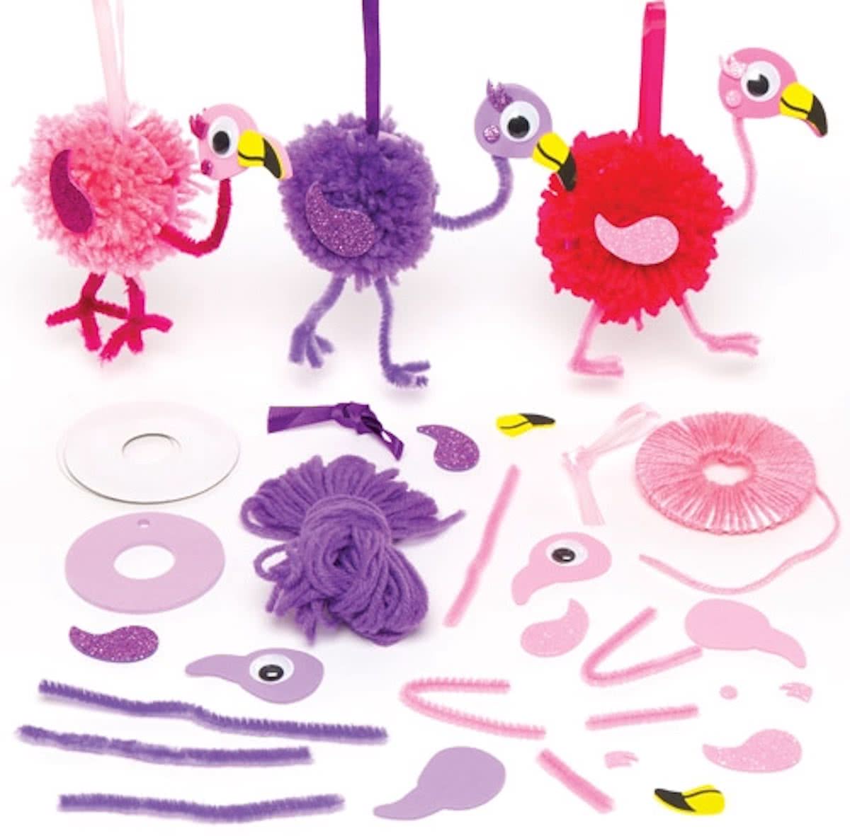 Sets met flamingo met pompon die kinderen kunnen maken, versieren en ophangen – creatieve knutselset voor kinderen (verpakking van 3)