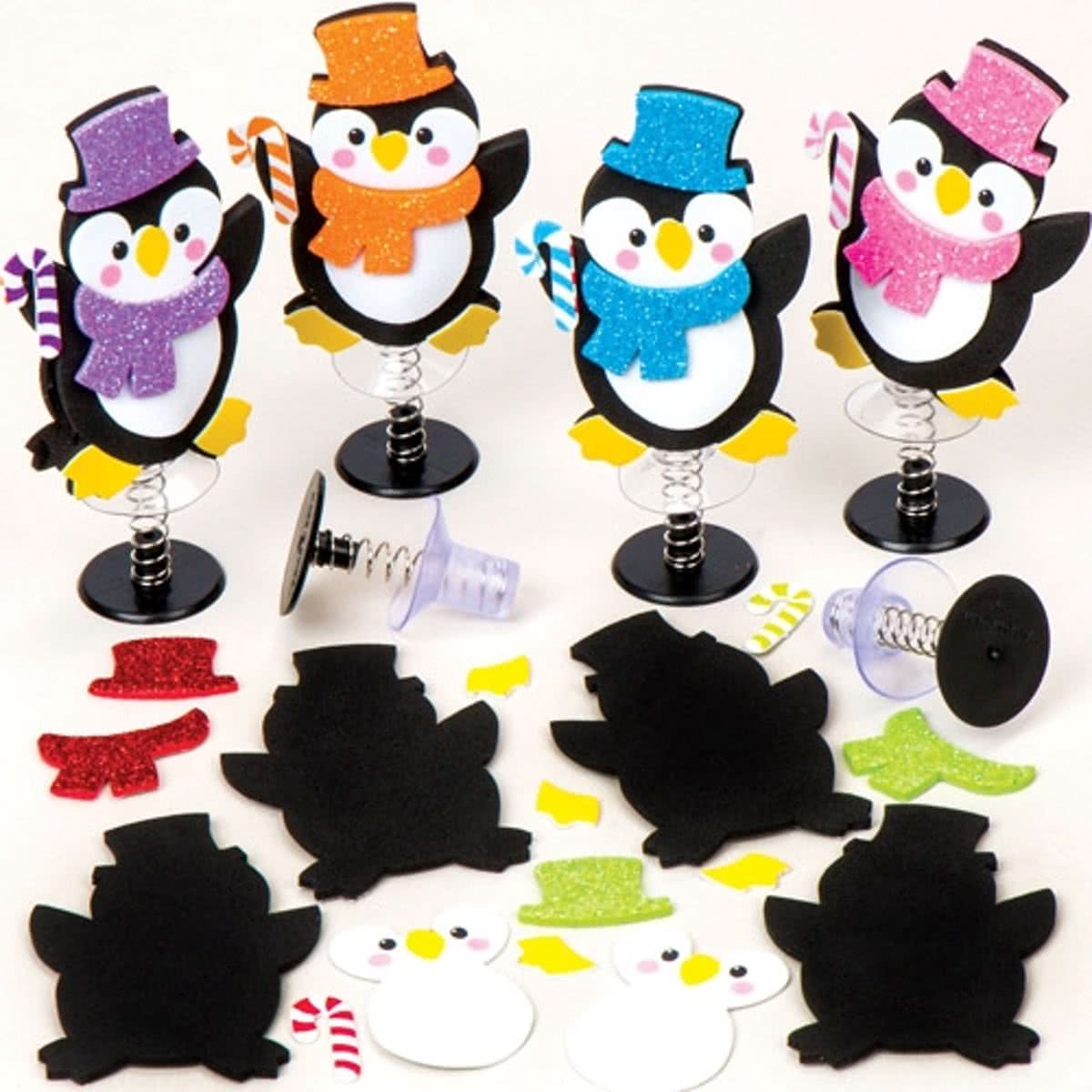 Sets met pinguïn springfiguurtjes. Leuke knutsel- en decoratiesets voor kerst voor jongens en meisjes (6 stuks per verpakking)