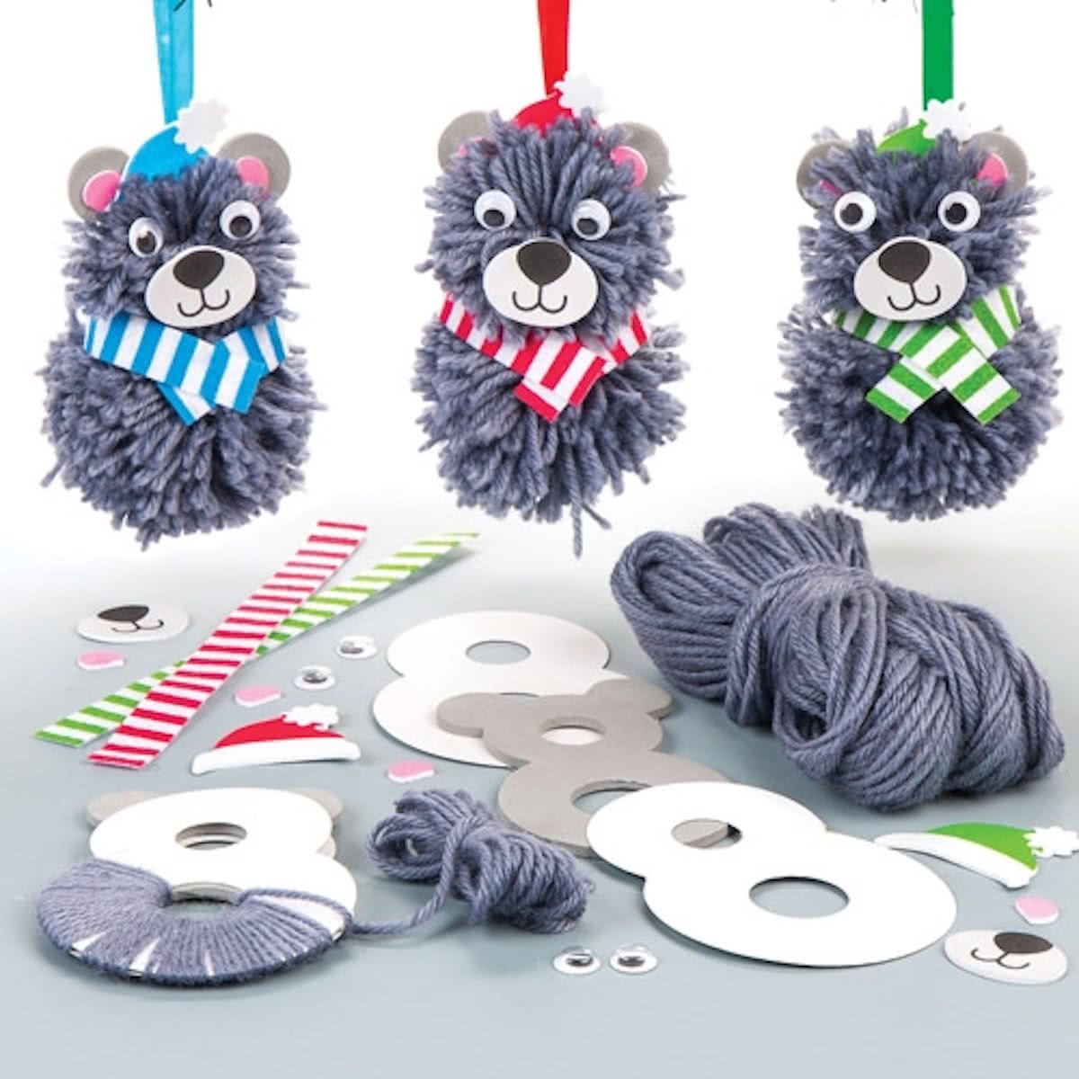 Teddybeer pompon decoratiesets. Leuke knutsel- en decoratiesets voor kerst voor jongens en meisjes (3 stuks per verpakking)