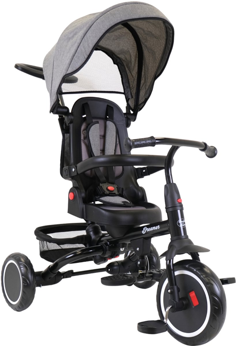     met Duwstang Dreamer Grijs vanaf 1 Jaar - Metalen Zwarte   - Verstelbare Duwstang - Draaibare Zitting met Ligstand - Afneembare en Verstelbare Onderdelen - Veiligheidsriem