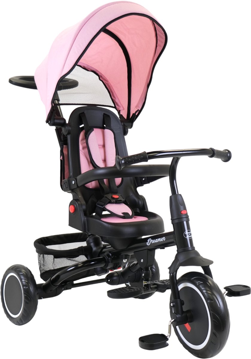     met Duwstang Dreamer Retro Roze vanaf 1 Jaar - Metalen Zwarte   - Verstelbare Duwstang - Draaibare Zitting met Ligstand - Afneembare en Verstelbare Onderdelen - Veiligheidsriem