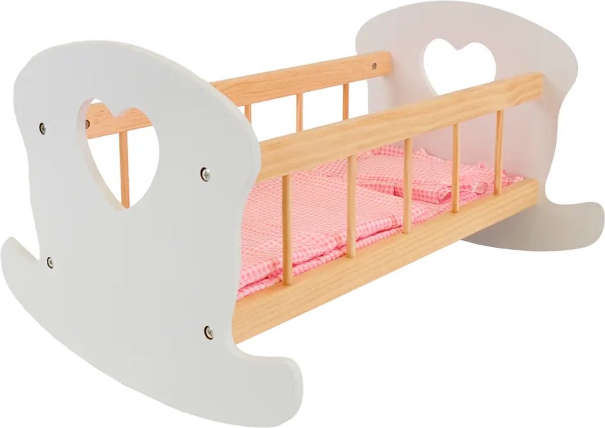   Houten Poppenbedje Sweet Dreams Wit Hout met Hart - Poppenbed Hout - Geschikt voor Pop tot 46 cm - Inclusief Dekentje - Poppen Bed - Poppen Meubel