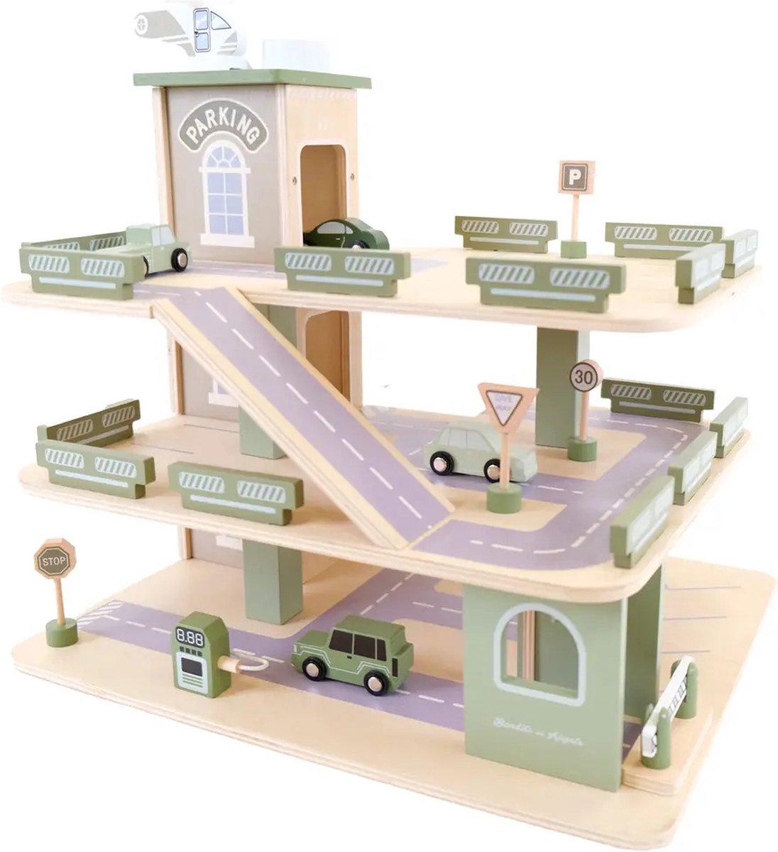   Houten Speelgoedgarage Bandits Parking Experience met 3 Verdiepingen en Lift - Inclusief 4 Autos - Speelgoed Auto   Hout - Retro Groen