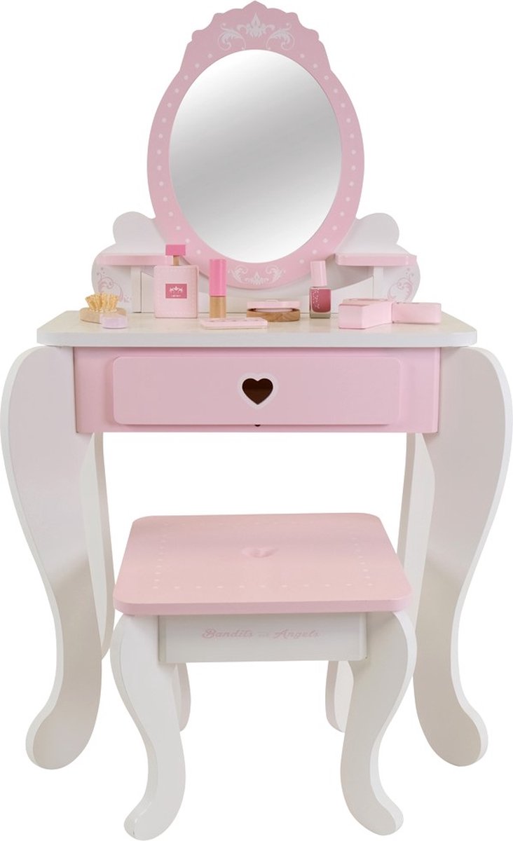  Kinder Kaptafel Julia Wit Roze Met Spiegel voor Meisjes vanaf 3 jaar - Houten Make-Up Tafel - Kaptafel Inclusief Krukje - Voor Kinderen
