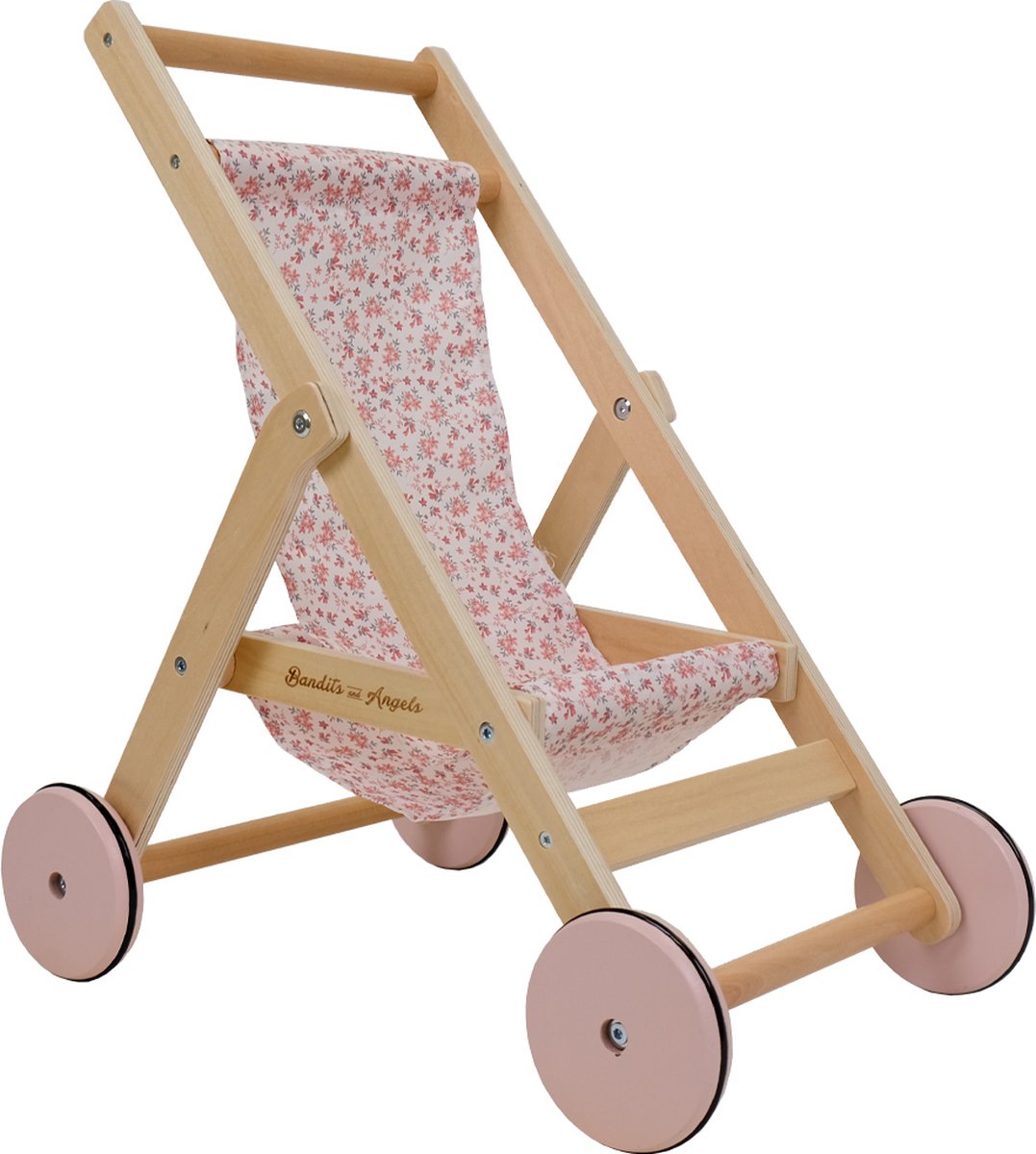 Bandits and Angels Roze Poppenbuggy Lovely Flowers van Hout met Bloemenprint - vanaf 2 Jaar - Houten   - voor Poppen van maximaal 50 cm - Poppen Wagen Roze - Poppen Buggy