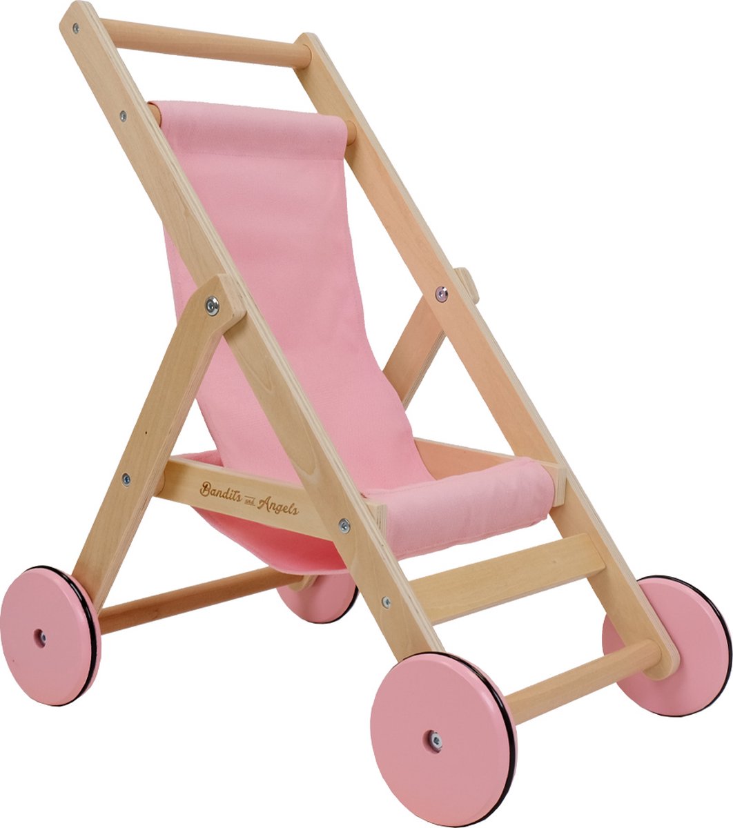 Bandits and Angels Roze Poppenbuggy Lovely Pink van Hout - vanaf 2 Jaar - Houten   - voor Poppen van maximaal 50 cm - Poppen Wagen Roze - Poppen Buggy