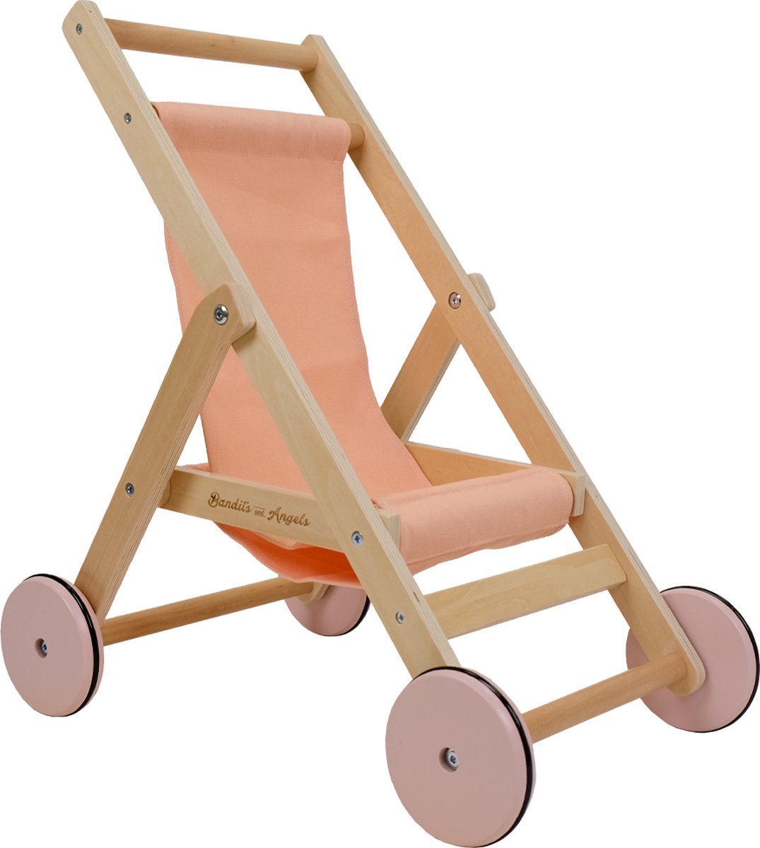 Bandits and Angels Roze Poppenbuggy Lovely Salmon van Hout - vanaf 2 Jaar - Houten   - voor Poppen van maximaal 50 cm - Poppen Wagen Zalm Roze - Poppen Buggy