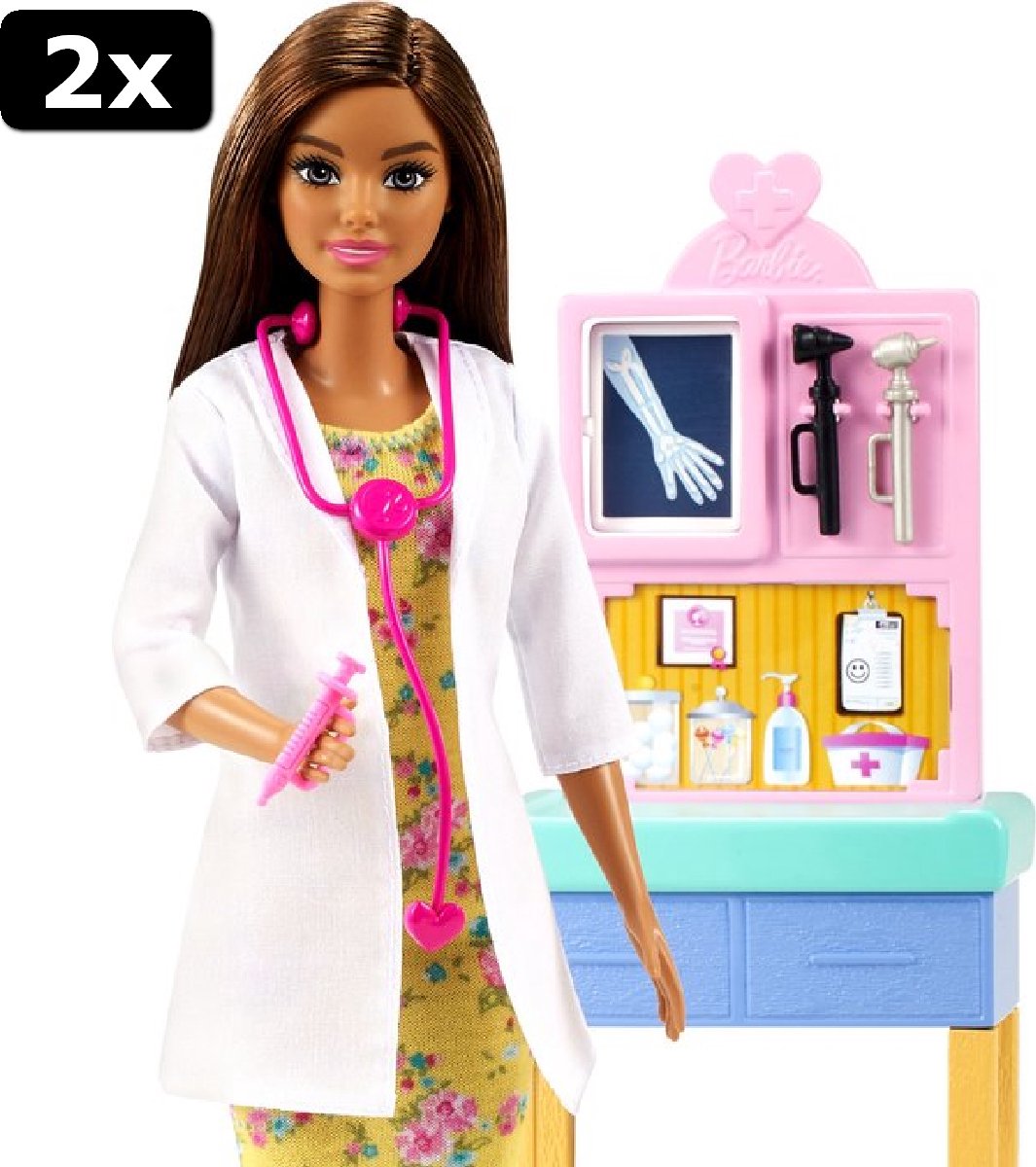 2x Barbie Careers Kinderarts Speelset - Barbie Pop met Bruin Haar, Minipop en Onderzoekstafel