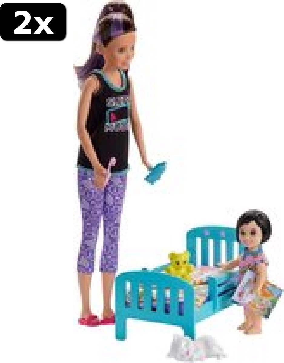 2x Barbie Family Skipper Babysitter Bedtijd Speelset - Barbie Pop met Minipop en Bed