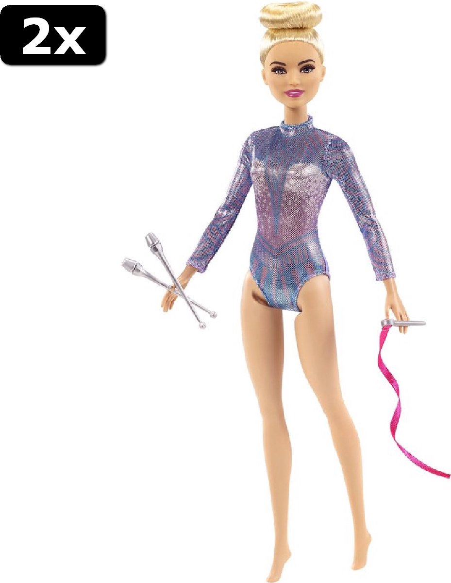 2x Barbie Sport Ritmische Gymnastiek Barbie Pop - in Turnpakje met Lint en Stokje