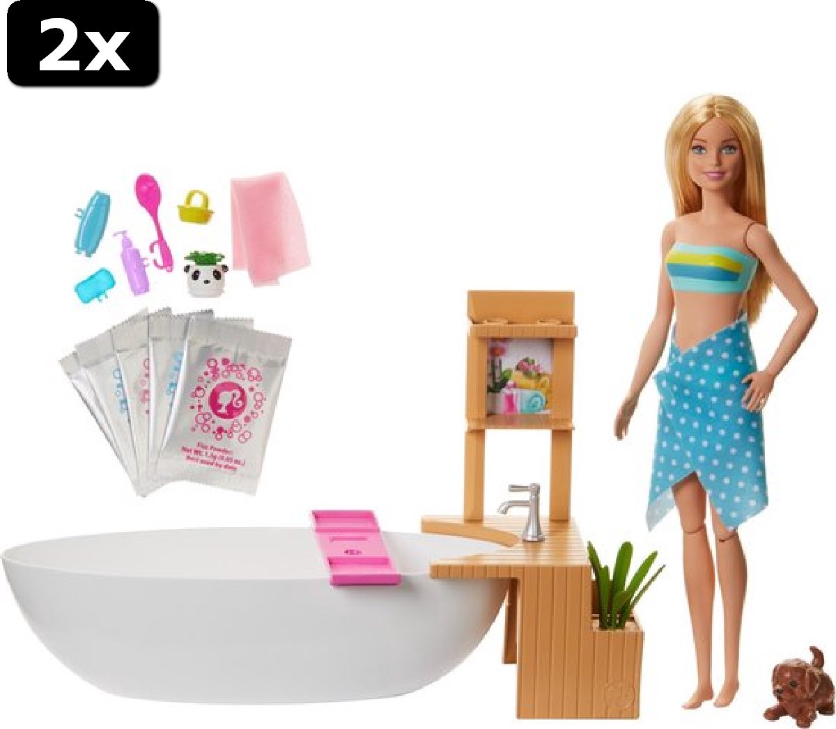 2x Barbie Wellness Barbie Pop met Bubbelbad en Puppy - Speelset