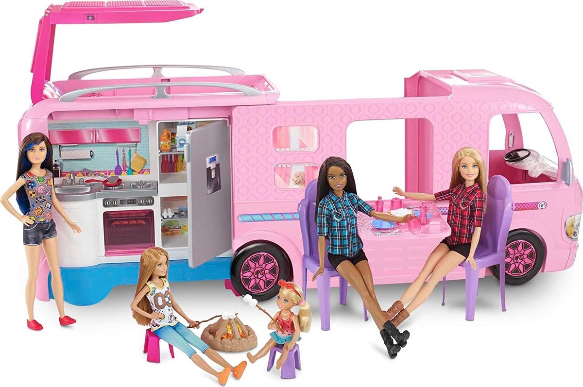 Barbie - Omvormbare camper – rozenvoertuig met echte wielen – zwembad met Toboggan, douche, keuken en toilet – meer dan 60 cm – cadeau vanaf 3 jaar, FBR34